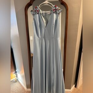 Mac Duggal Gown. Floor length. Light blue with beads. Size 16. Height ref: 5’1